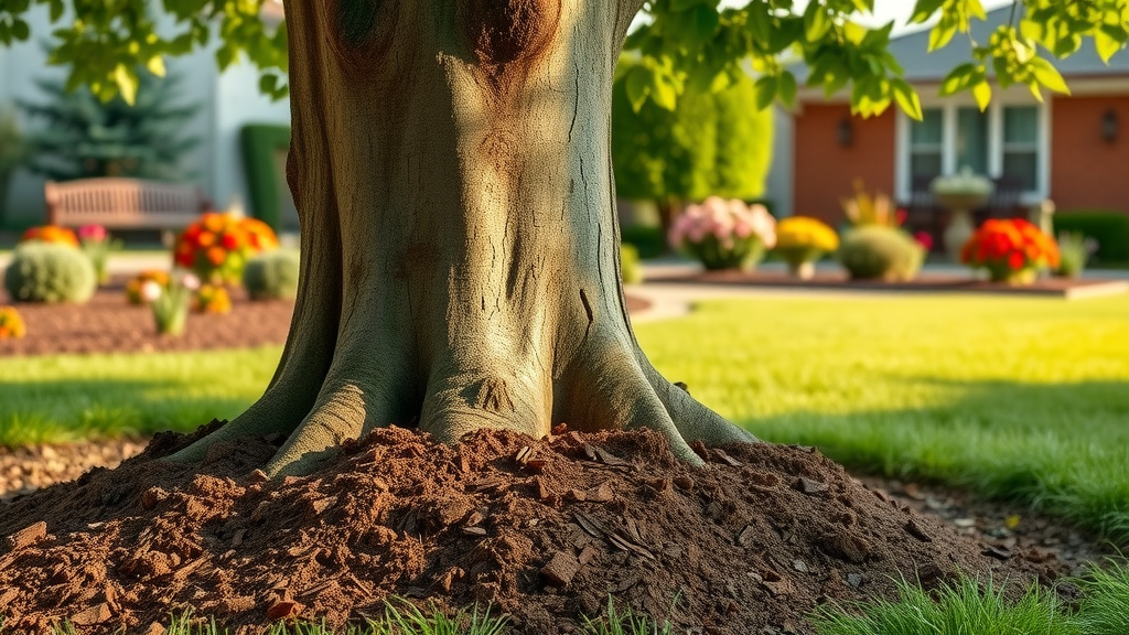 neatly mulched base of a healthy tree, gardener
