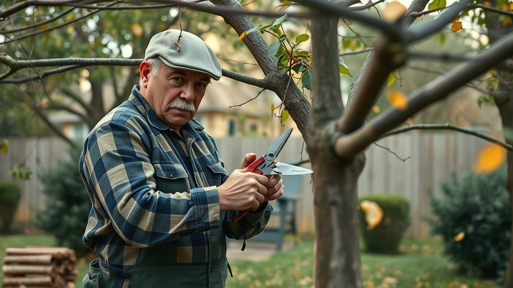 experienced arborist carefully pruning tree branches, tree maintenance tip, safe tree care