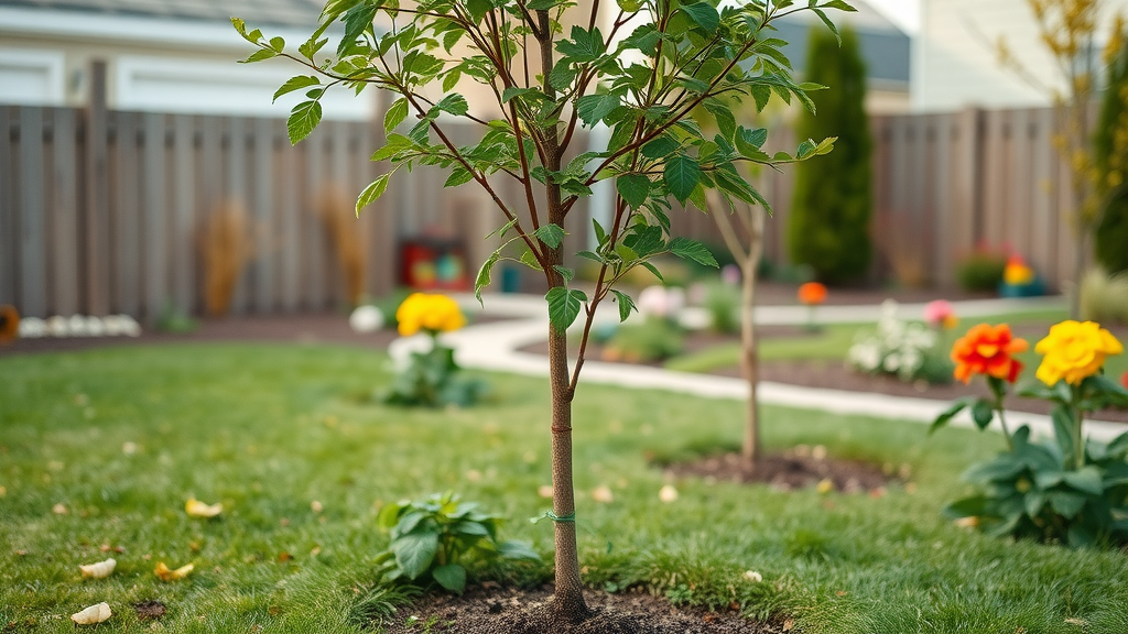 recently planted tree with sturdy staking and ties, wind protection, tree maintenance tips