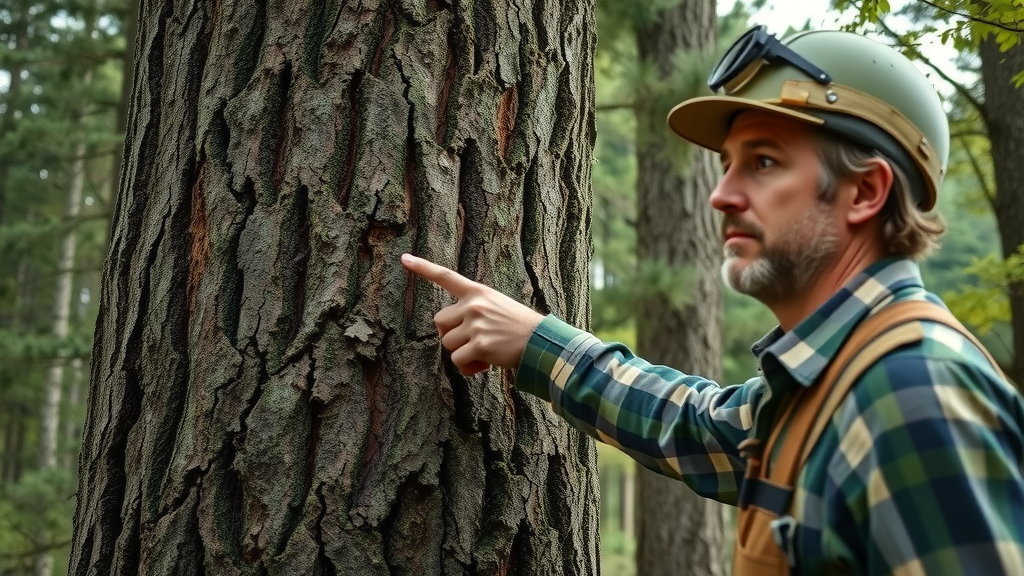 arborist pointing to uncut main stem of a large tree, tree maintenance tip, do not cut main leader