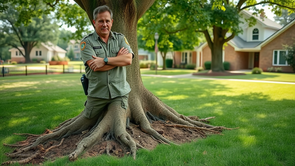 arborist examining tree roots and compacted soil for tree damage prevention in suburb neighborhood
