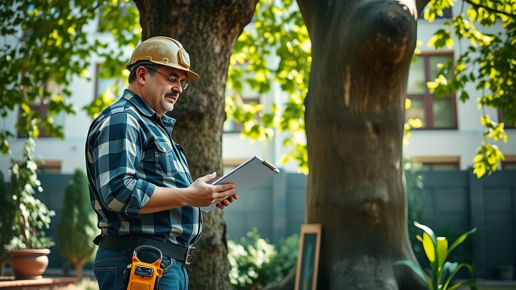 certified arborist inspecting tree trunk and root system for wounds and damage prevention