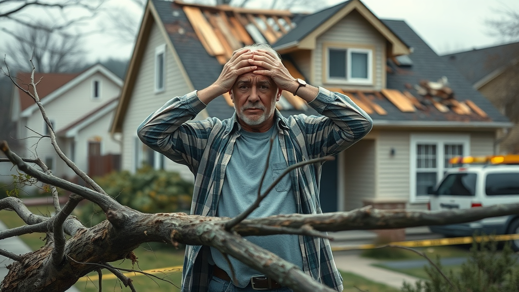devastated homeowner with collapsed roof after tree damage, emergency crews present
