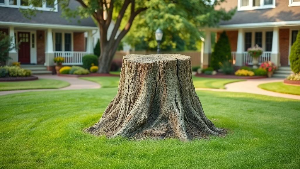 picturesque suburban front yard with a neat garden and an unsightly tree stump, highlighting the impact of a neglected tree stump on curb appeal and property value