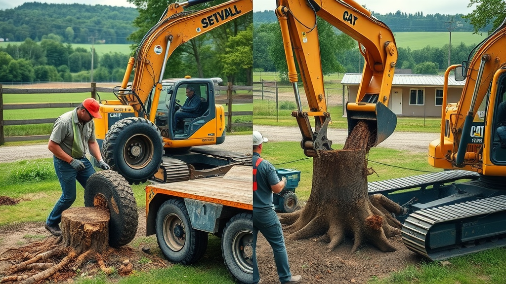 Professional crew using heavy machinery for stump grinding and stump removal, highlighting the difference between stump grinding service and total stump removal