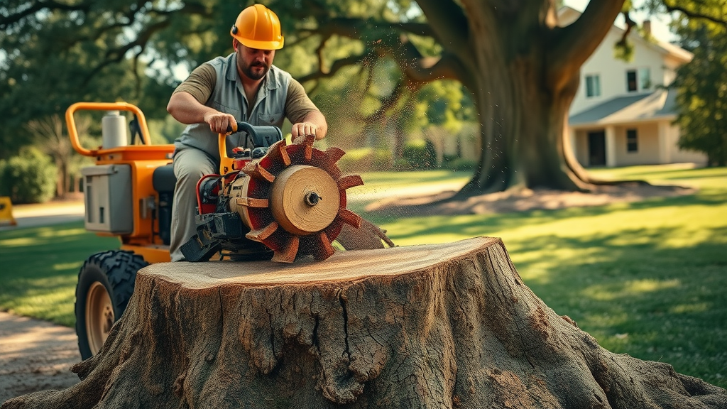 powerful stump grinder machine in action, operator skillfully grinding a thick tree stump, demonstrating the professional stump grinding process with mulch and clean results