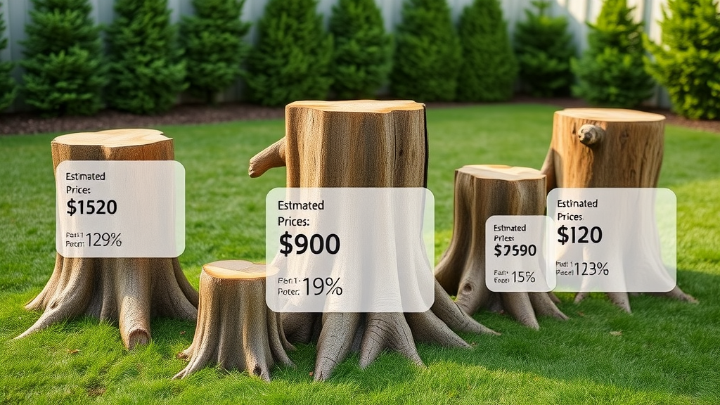 Infographic showing cost ranges for stump grinding service based on stump size and location, with various tree stumps illustrated on a clean yard