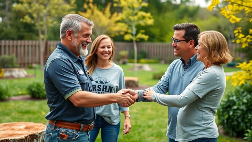 Homeowners shaking hands with a professional stump grinding technician in a landscaped backyard, no stumps visible, cheerful and successful project result