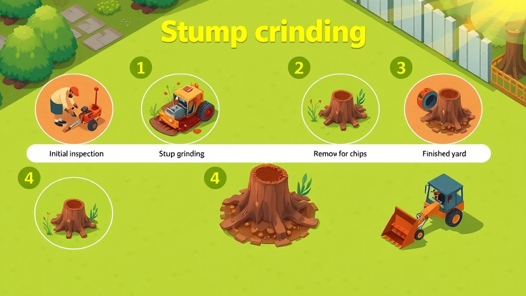 Step-by-step infographic sequence showing the stump grinding process: inspection, setup, grinding, cleanup, and finished yard
