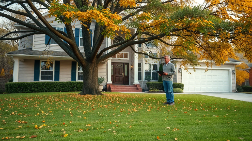 tree risk assessment at suburban home with mature tree and cautious homeowner inspecting, autumn leaves, photorealistic detail, soft morning lighting