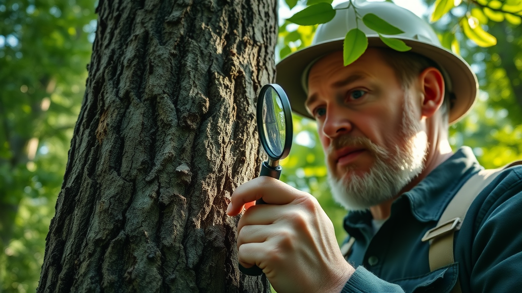 arborist examining a tree trunk for risk assessment, inspecting for signs of disease, sunlight through forest, highly detailed