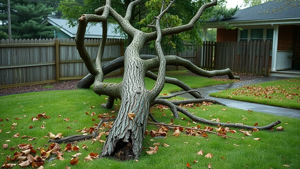 tree risk assessment after fallen tree limb post-storm, damage to fence and wet lawn, homeowner concerned, photographic detail