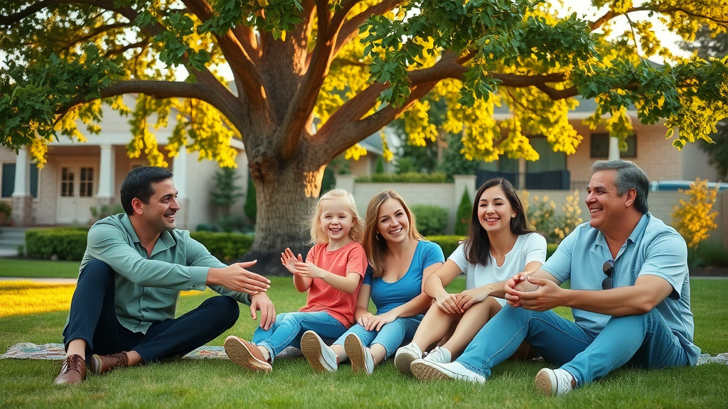 safe backyard after tree risk assessment, family relaxing under mature maintained tree, beautiful suburban setting, photorealistic detail