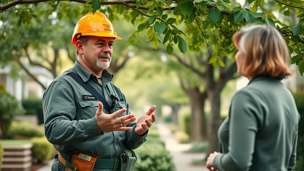 Confident professional arborist explaining pruning techniques to a homeowner. certified arborist training tree care expertise