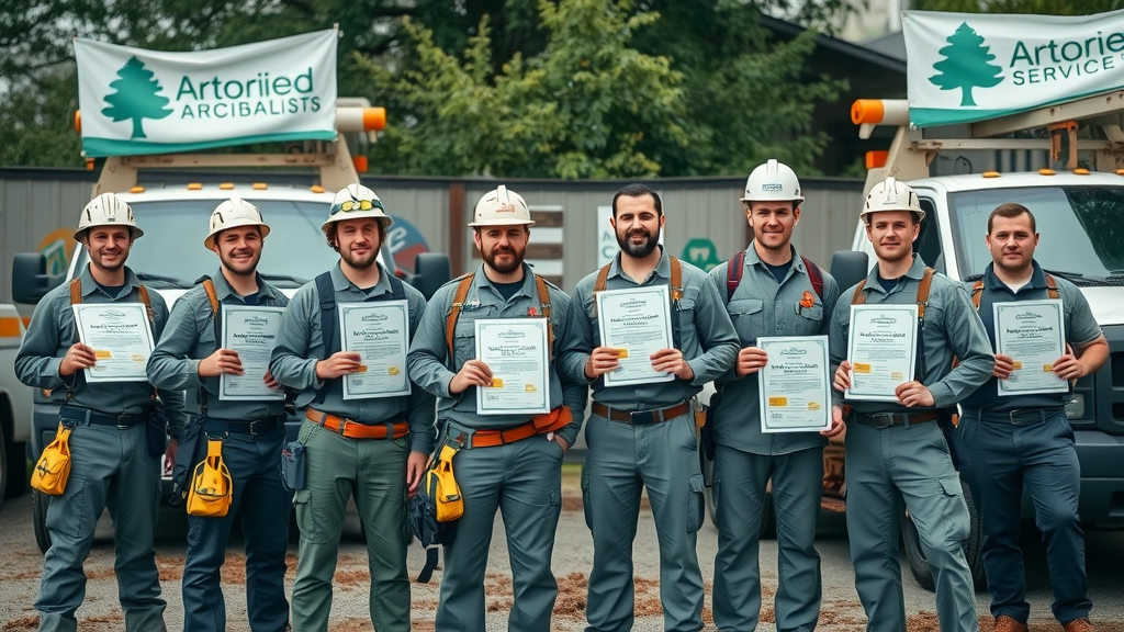 Trustworthy team of certified arborists with safety equipment and industry certificates by branded service trucks. tree care business strategy tcia
