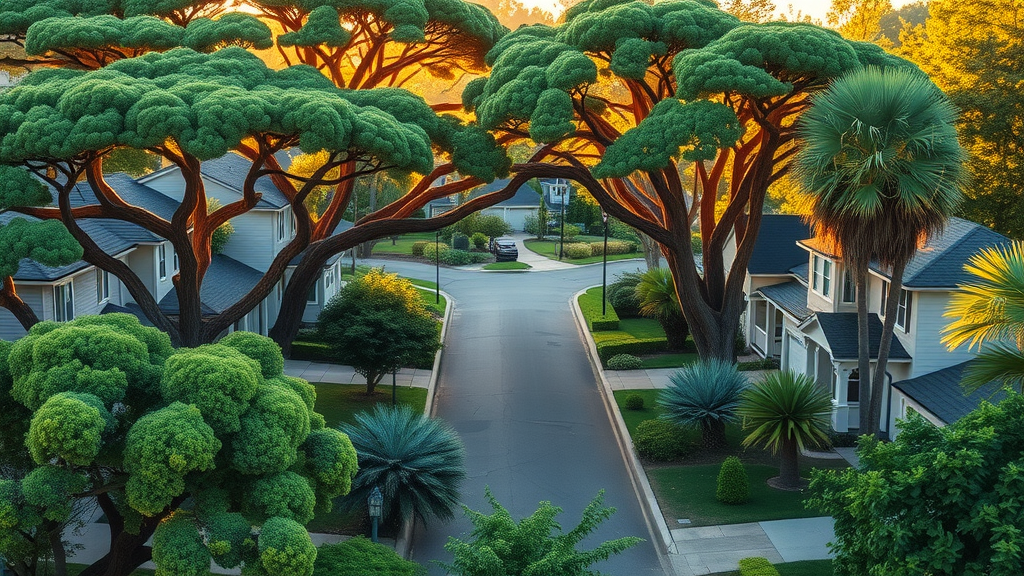 Well-maintained urban neighborhood with mature, healthy trees and lush landscaping. healthy trees professional arborist property value
