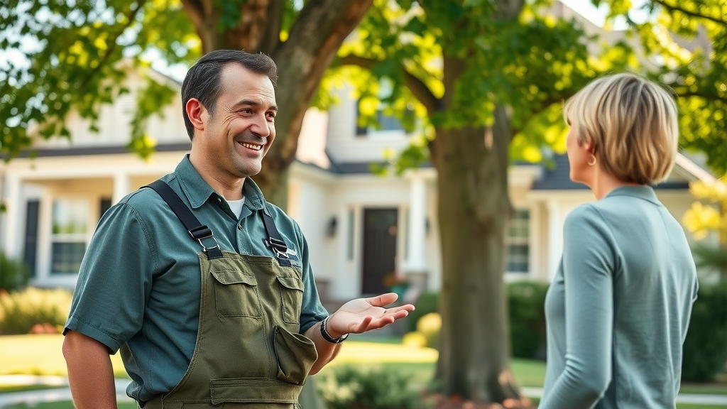 Friendly professional arborist consulting a homeowner by a stately tree in front yard. professional arborist consultation service