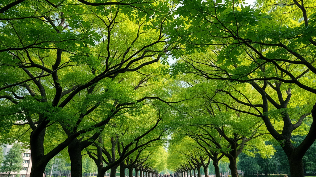 Lush, healthy urban tree canopy, vibrant and full, flourishing under skilled tree health care in a city park setting.
