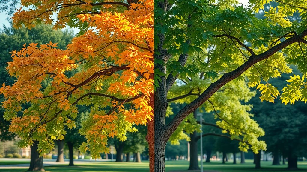 Comparative scene of two trees: one vibrant and healthy, one decaying and unsafe, highlighting the need for professional tree health care.