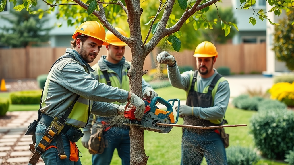 Professional arborist crew performing expert tree trimming and health care in an urban yard.