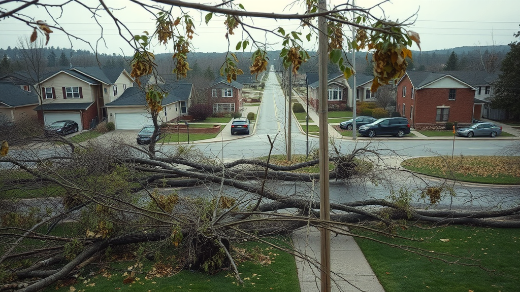 storm damage tree removal in a devastated residential neighborhood, fallen trees, storm aftermath, damaged homes
