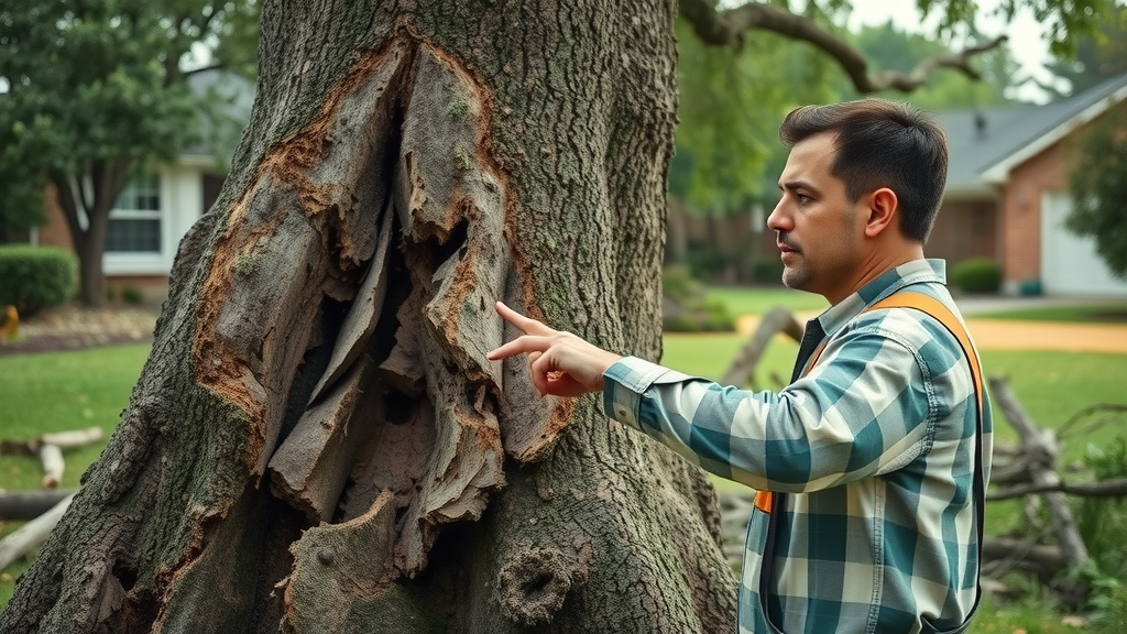 arborist inspects damaged tree after storm, cracks and exposed roots, tree damage assessment
