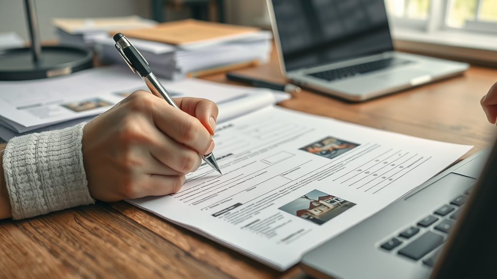 insurance paperwork for storm damage tree removal, hands attaching photos, forms, and laptop