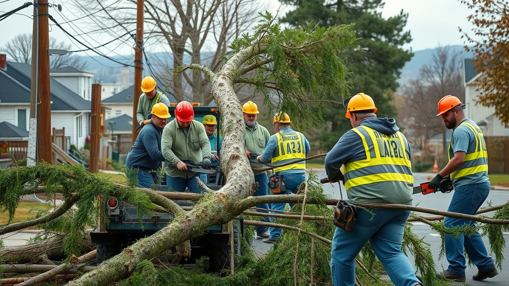 municipal workers and arborists remove fallen trees, heavy equipment, storm aftermath cleanup