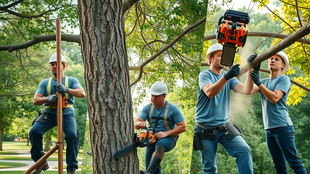 Informative split-scene featuring certified arborists performing tree removal, tree care, and tree trimming in a park setting with healthy and hazardous trees, showcasing the full scope of tree services.