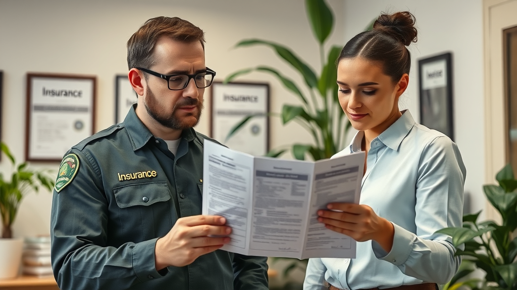 Customer reviewing insurance documents with a uniformed tree company manager in a professional office, ensuring proper insurance for tree removal and tree service.