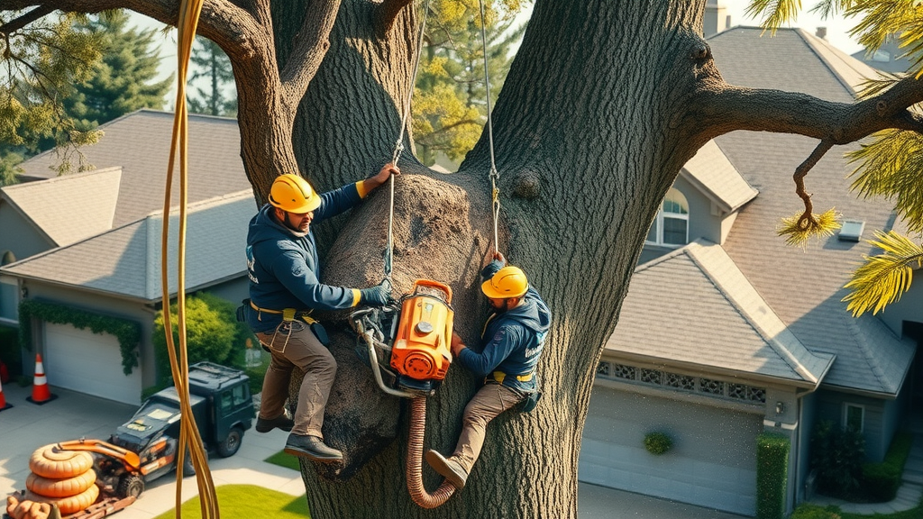 Expert tree cutting team using advanced machinery and ropes on a residential property, demonstrating modern tree care and removal techniques with safety cones and falling branches.