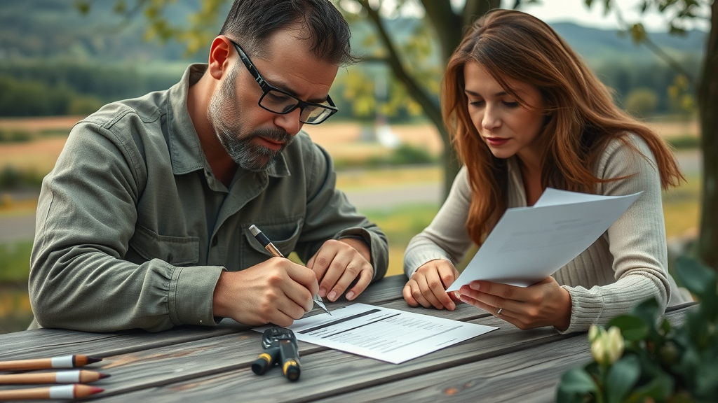 Professional arborist providing a customer with an itemized tree cutting estimate at an outdoor table, emphasizing pricing transparency for tree services.