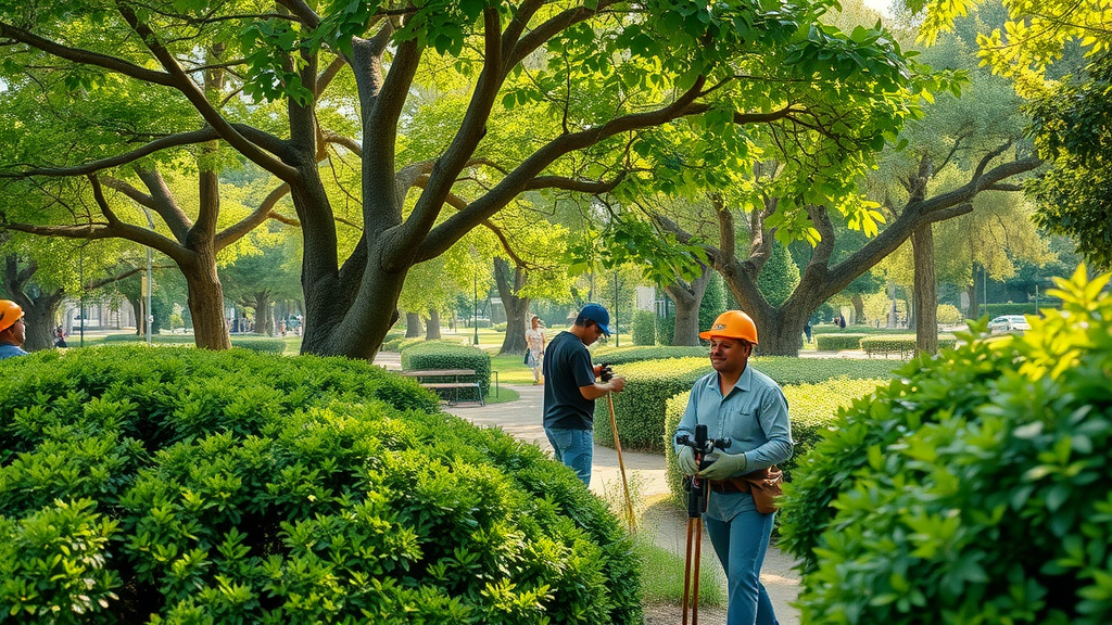 Eco-conscious arborists carefully pruning lush trees and shrubs in a lively urban park using eco-friendly tools, highlighting sustainable tree service practices.