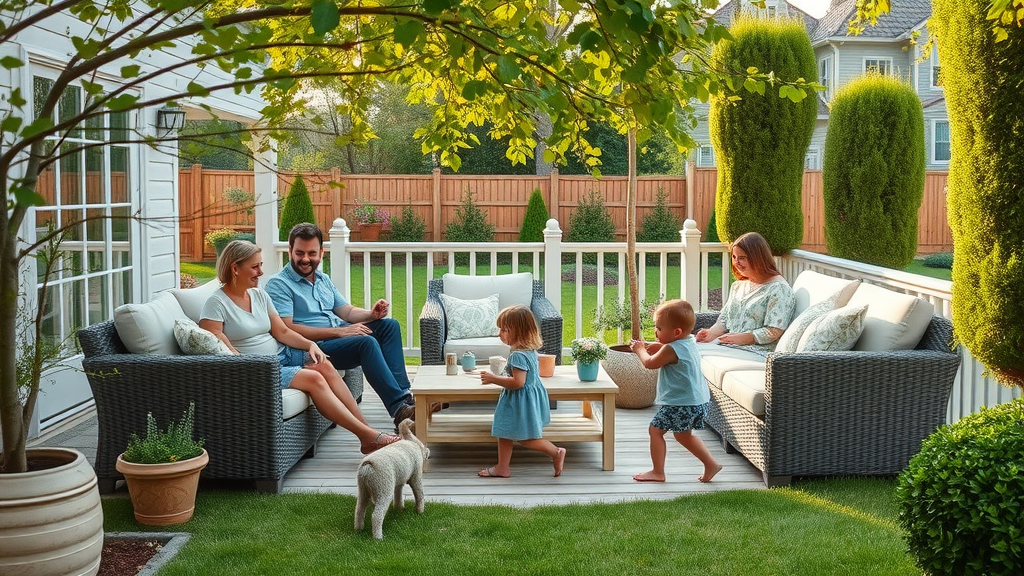 inviting outdoor living space with freshly trimmed trees, showcasing curb appeal landscaping and outdoor living benefits