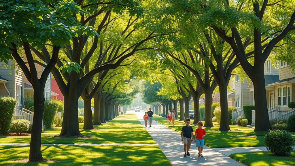 seasonal tree care - mature tree-lined neighborhood, healthy trees, families outdoors, children playing, sun-dappled lawns, vivid greenery