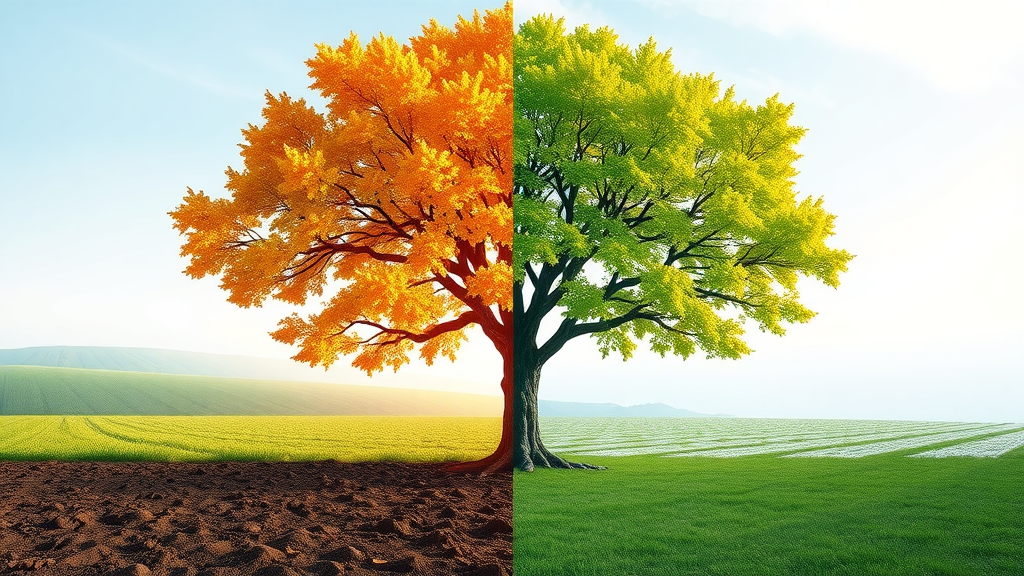 seasonal tree care - tree transformation through spring, summer, fall, winter, showing healthy changes and proper maintenance techniques