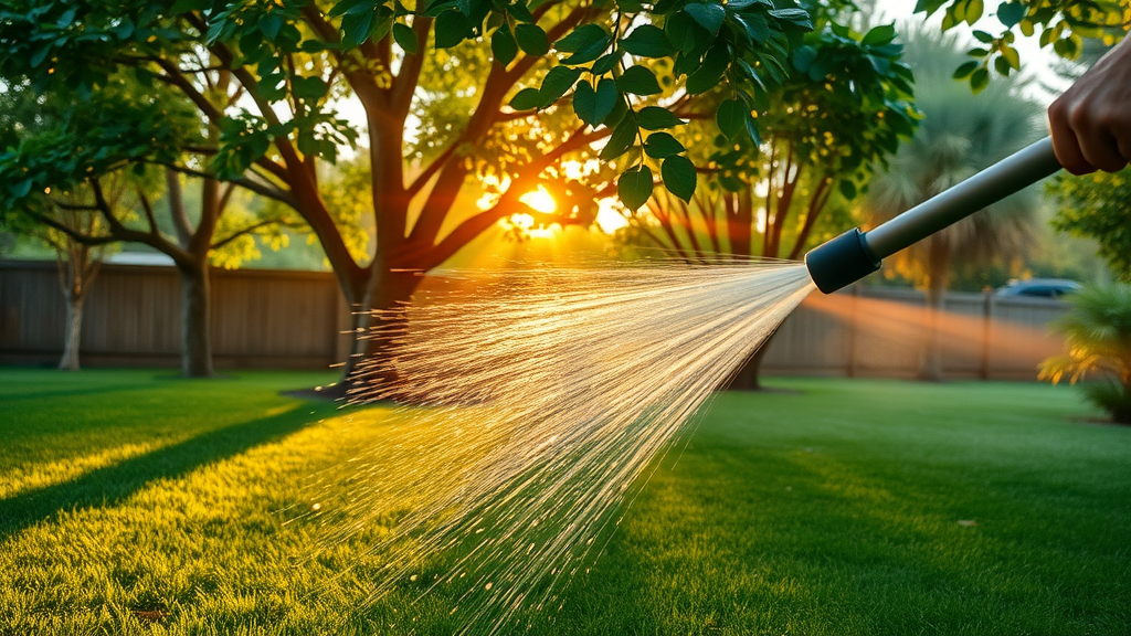 tree care tips - person watering trees at sunrise, dew on leaves, summer heat, vibrant green backyard
