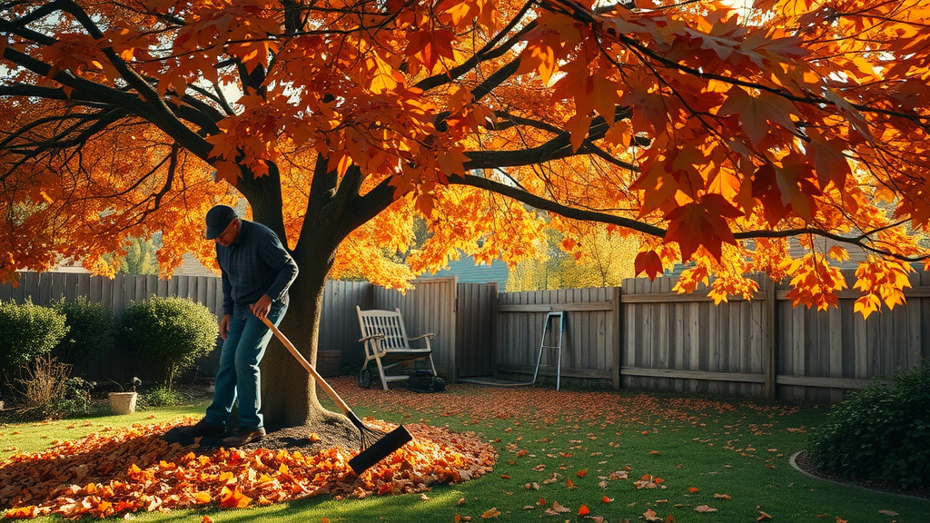 tree care services - autumn garden cleanup, gardener raking fallen leaves, preparing trees for winter, golden foliage