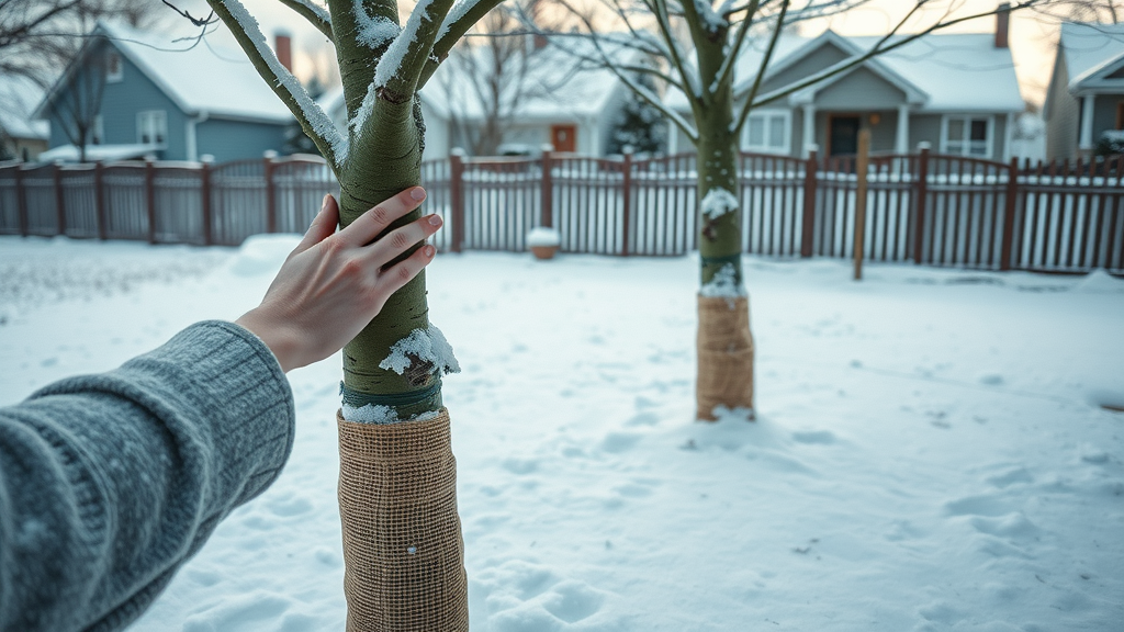 trees for winter - snow-covered backyard, trunks wrapped in burlap, person brushing snow off branches, winter tree care in action