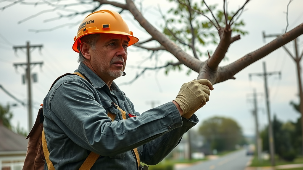 tree service - certified arborist in safety gear evaluating large tree branch near power lines, concerned expression, professional tree care in action